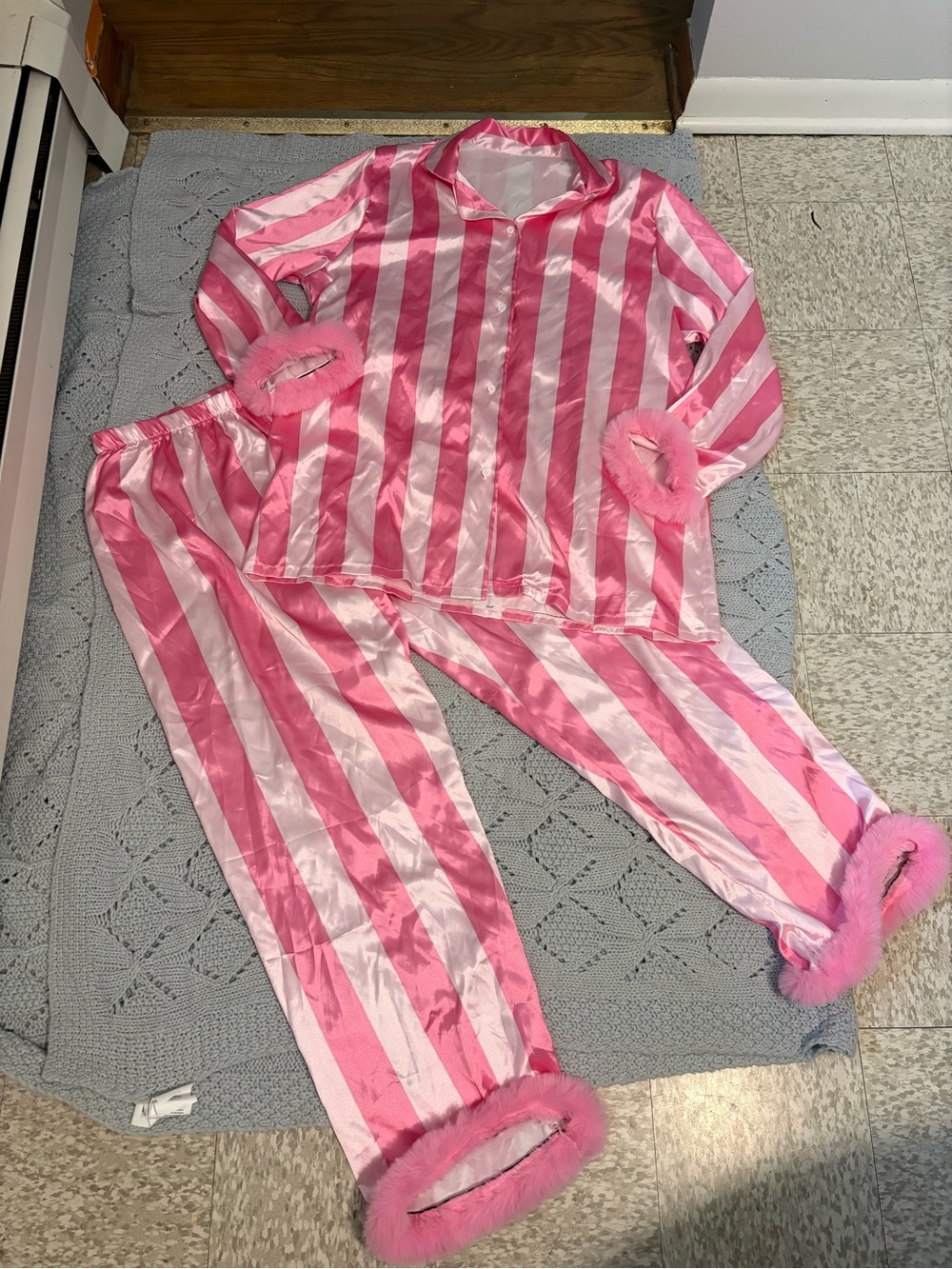 Pink Satin Stripe Pajama Set with Feathered Cuffs - Picture 3 of 6